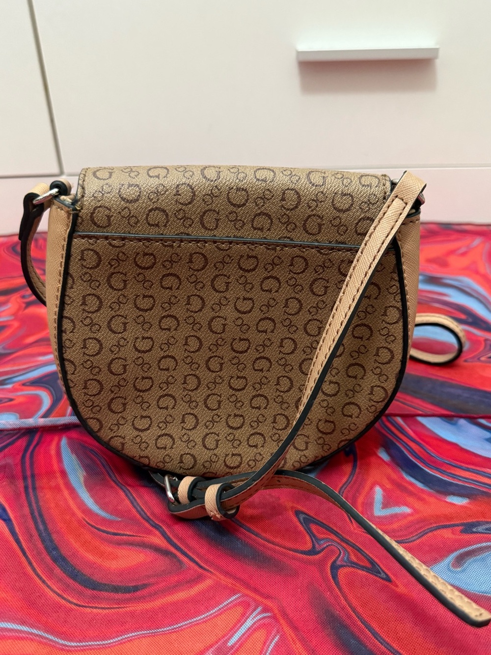 GUESS Brown 4G Monogram Logo Flap Saddle Crossbody Bag - Picture 2 of 7